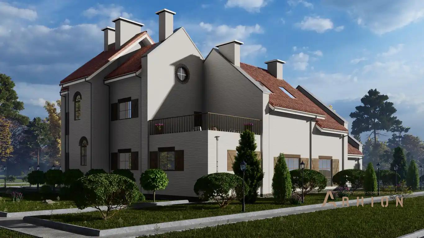 2. Проект одноэтажного дома в европейском стиле с многоскатной кровлей, h-1616, площадью - 484 кв c мансардой, балконом, бассейном